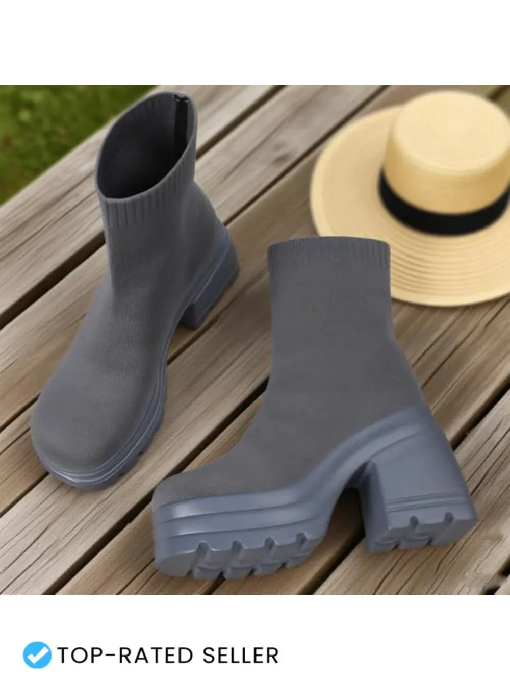 Women's Platform Ankle Boots Chunky Block Heel Slip On Stretch Knit Sock Booties